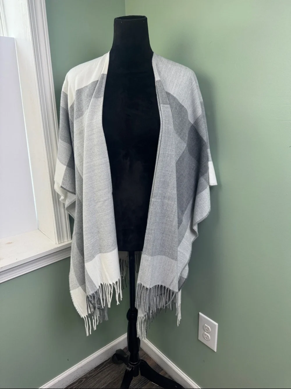 a new day Gray Plaid Fringe Poncho Wrap